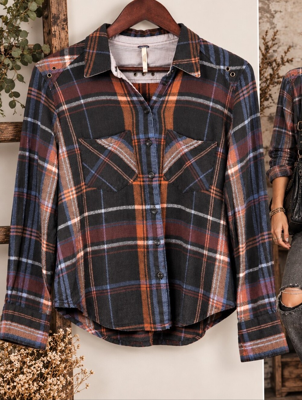 Free People XS Plaid Button Down Shirt Western Grunge Boho Fall Flannel